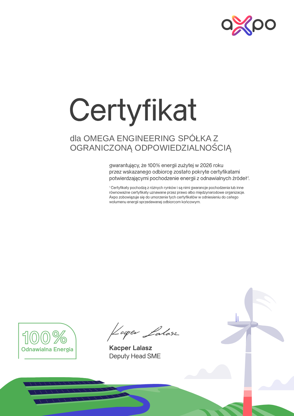 AXPO - certyfikat zielona energia 2026