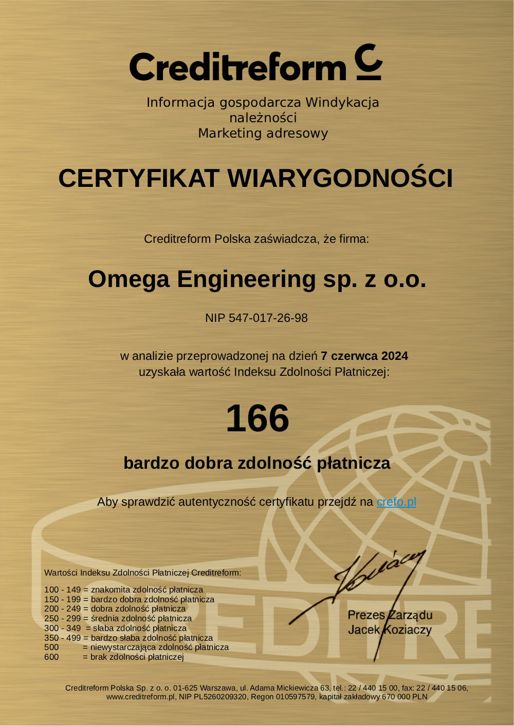 Certyfikat wiarygodności - Omega Engineering